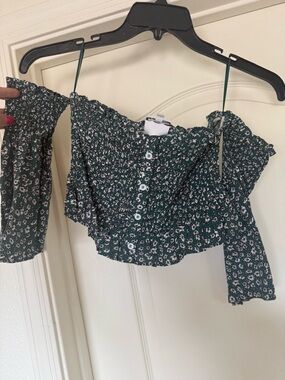 Skylar + Madison Dark Green Floral Smocked Off-Shoulder Crop Top